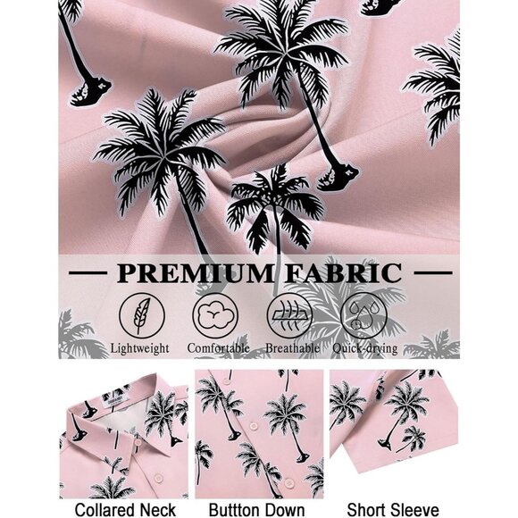 Men's Hawaiian Shirt Pink Palm Tree Print Short Sleeve Button Up Casual Beachwea - Picture 5 of 6